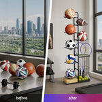 Everfit Ball Storage Rack Sports Equipment Organizer 7 - Tier with Basket for Garage Gym Black