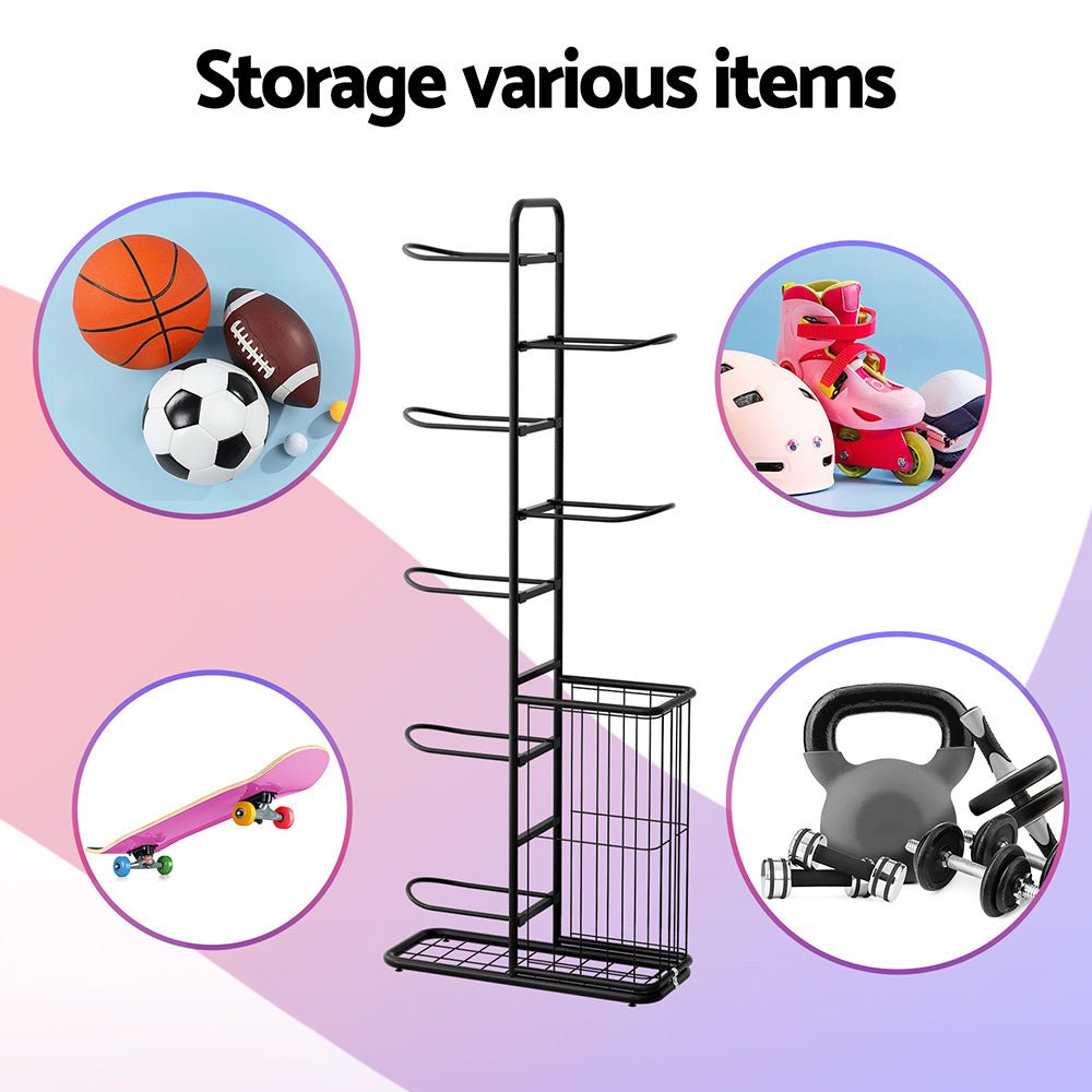 Everfit Ball Storage Rack Sports Equipment Organizer 7 - Tier with Basket for Garage Gym Black