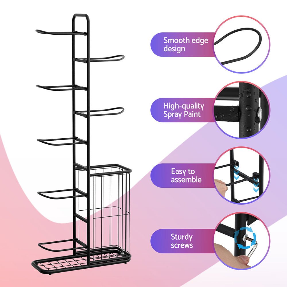 Everfit Ball Storage Rack Sports Equipment Organizer 7 - Tier with Basket for Garage Gym Black