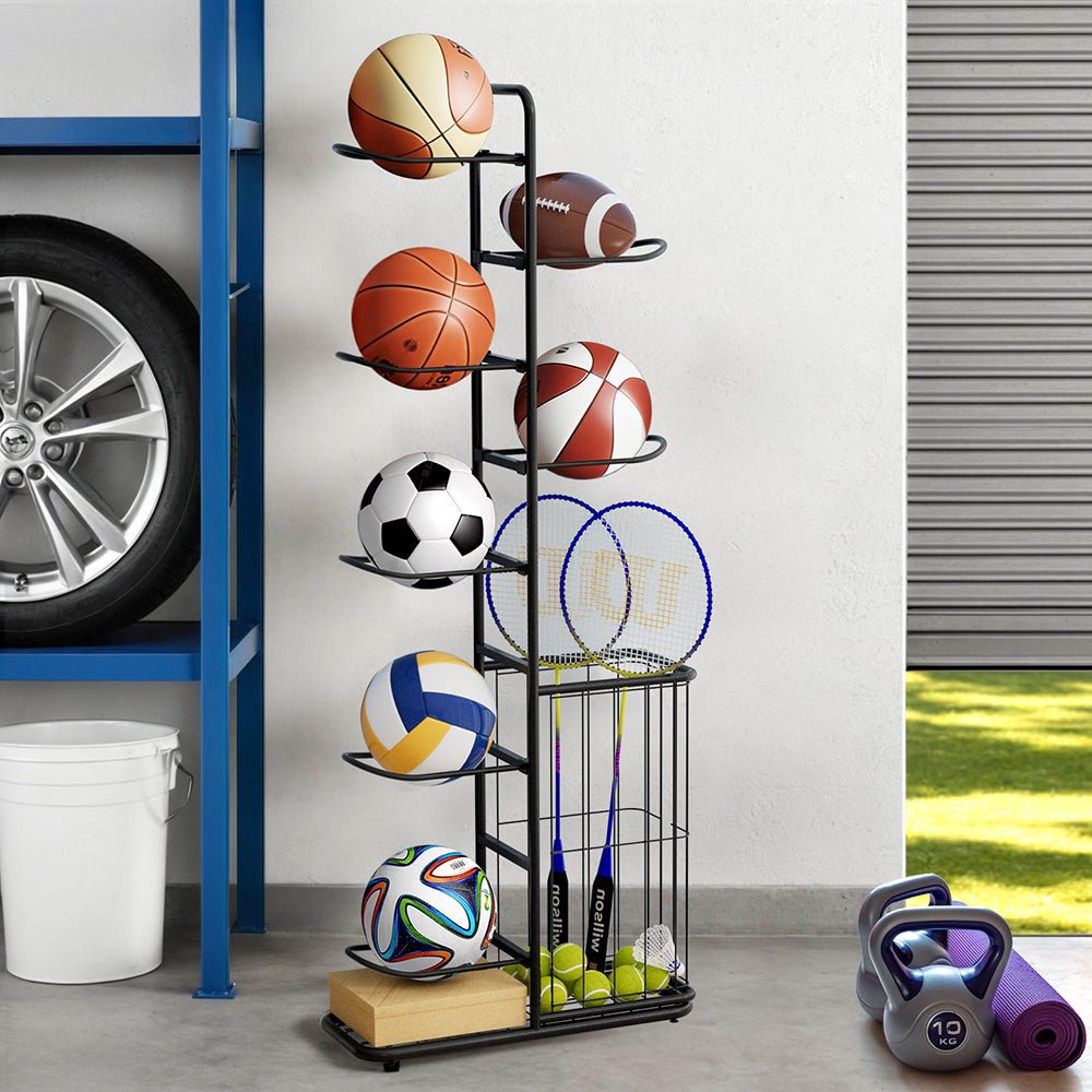 Everfit Ball Storage Rack Sports Equipment Organizer 7 - Tier with Basket for Garage Gym Black