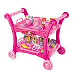 pink kids pretend play kitchen set two tier rolling cart with toy dishes cups utensils and toy food