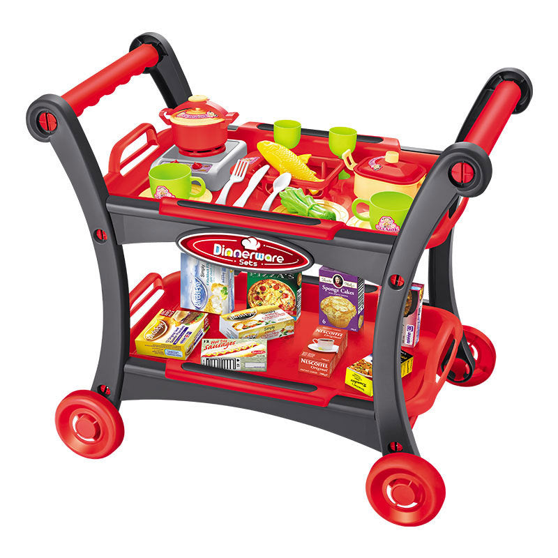 ToyChest au children's play kitchen cart set red two tier rolling cart with pots cups and play food