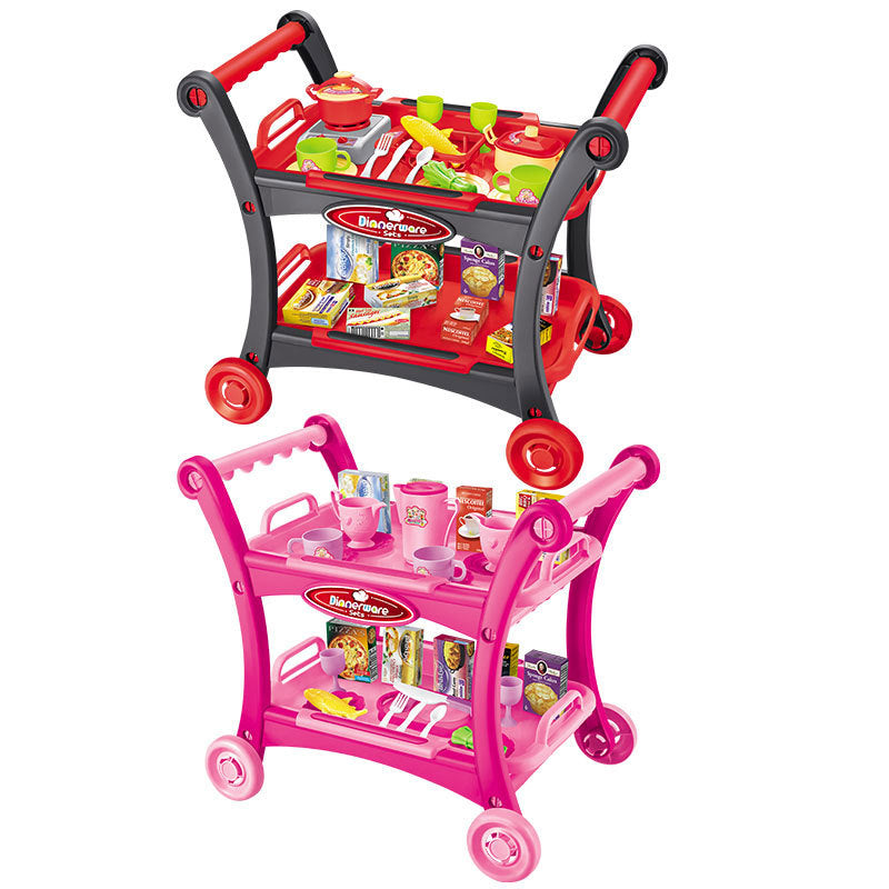 children's play kitchen cart set in pink and red with toy cookware utensils and pretend food