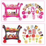 children's play kitchen cart set in pink and black with toy pots pans plates cups utensils and play food
