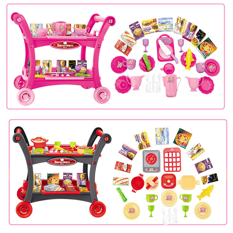 children's play kitchen cart set in pink and black with toy pots pans plates cups utensils and play food