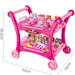 Pink children's play kitchen cart set with two tiers wheels cups plates utensils and pretend food