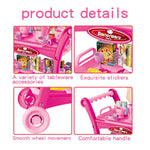 Pink children's play kitchen cart set with tableware accessories cups plates stickers smooth wheels and handle