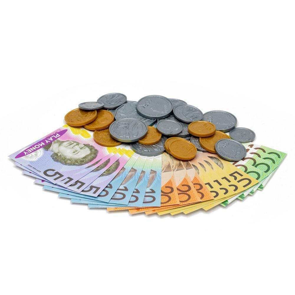 A realistic Australian play money set with colorful paper banknotes and plastic coins for kids learning