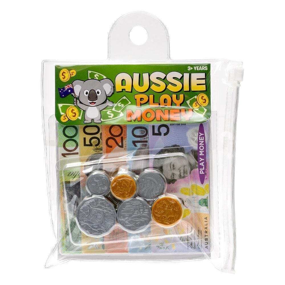Australian play money set in clear zip pouch with colorful banknotes toy coins and koala packaging