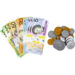 Australian play money set with colorful pretend banknotes and plastic coins for children learning money