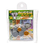 Australian play money set in clear zip pouch with toy Aussie dollar bills and plastic coins