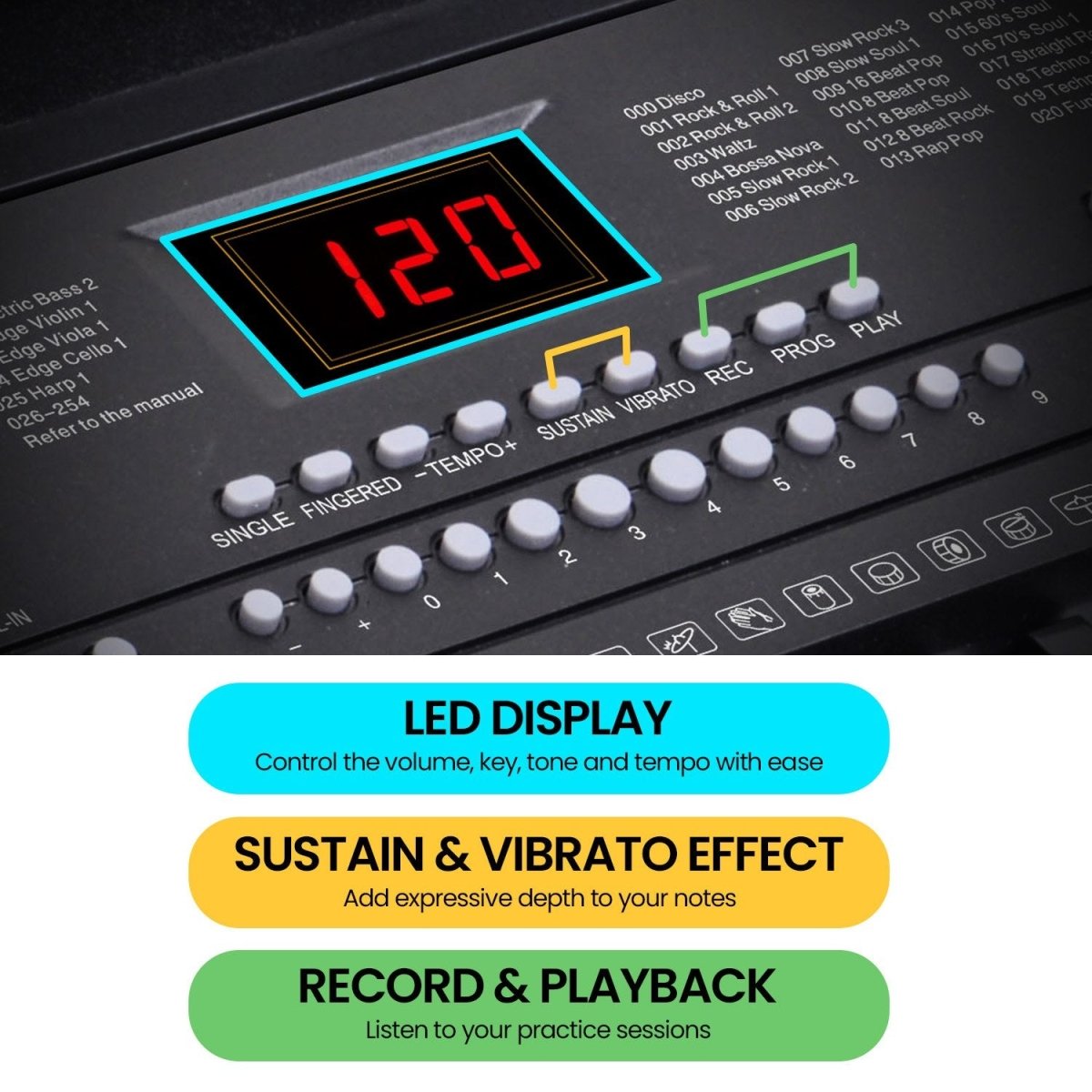 Karrera 61 - key Electronic Led Keyboard 75cm Portable Piano In Black With Microphone Input, Headphone Output, 255 Timbres & Rhythms