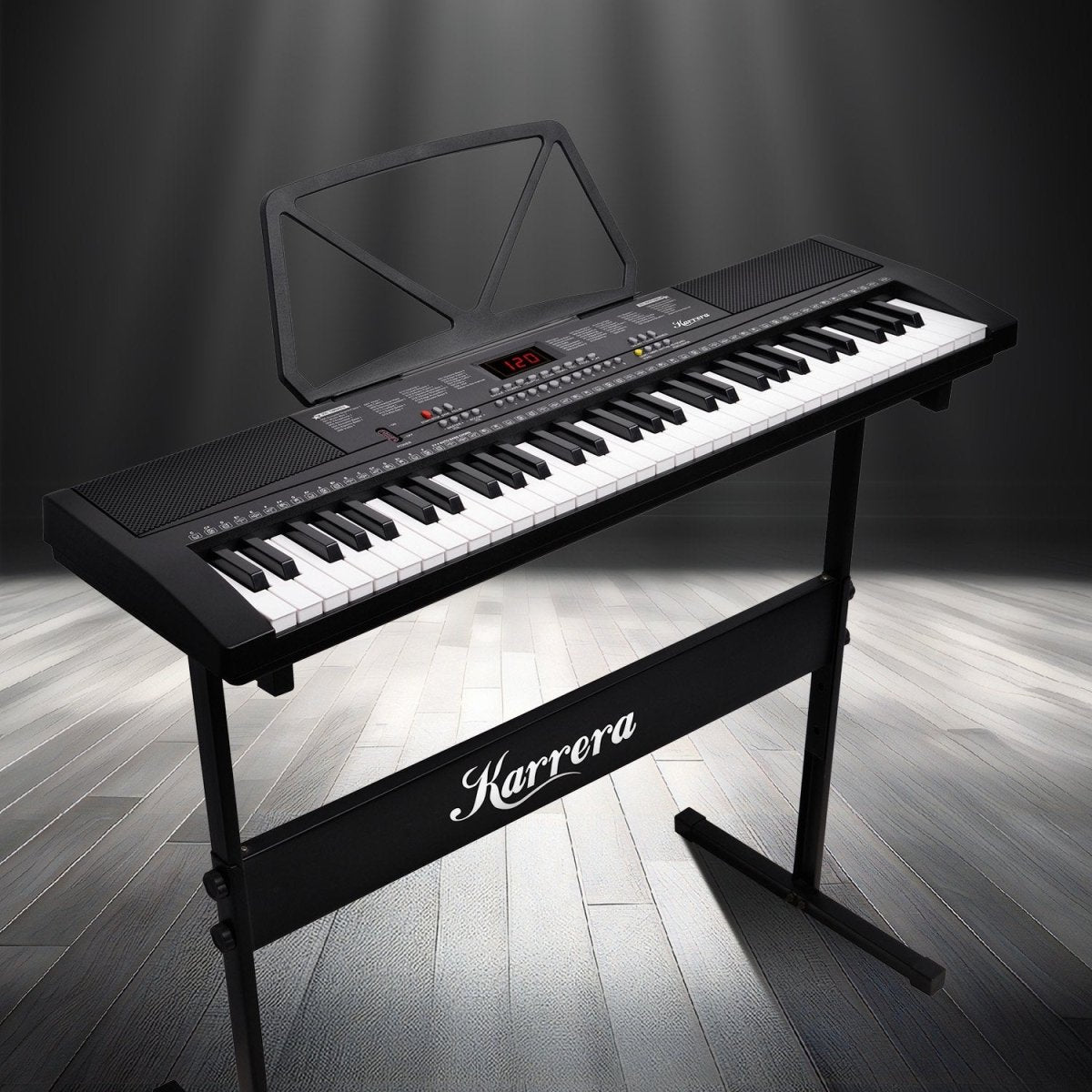 Karrera 61 - key Electronic Led Keyboard 75cm Portable Piano In Black With Microphone Input, Headphone Output, 255 Timbres & Rhythms