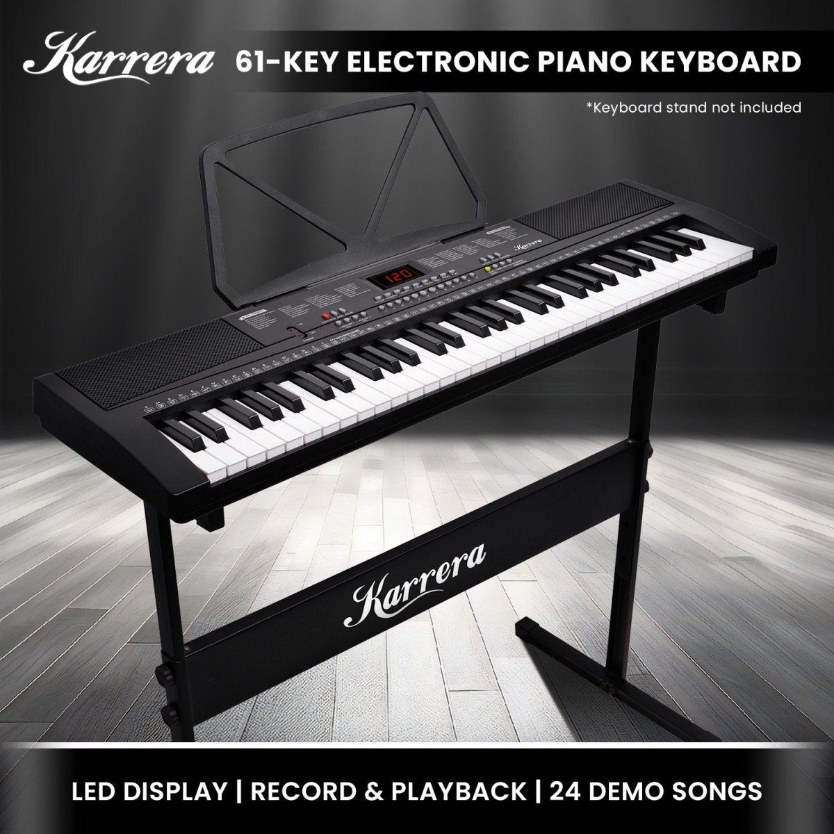 Karrera 61 - key Electronic Led Keyboard 75cm Portable Piano In Black With Microphone Input, Headphone Output, 255 Timbres & Rhythms