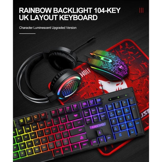 T-Wolf TF400 4-pcs Rainbow Keyboard/Mouse/Headphone/Mouse Pad Kit Set - ToyChest.au