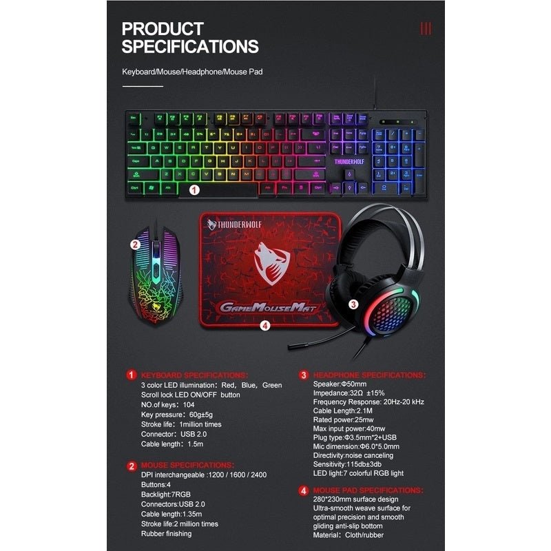 T - Wolf TF400 4 - pcs Rainbow Keyboard/Mouse/Headphone/Mouse Pad Kit Set