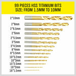 99Pc Drills Set HSS Titanium Coated Wood Plastic Metal Metric 1.5-10mm With Case