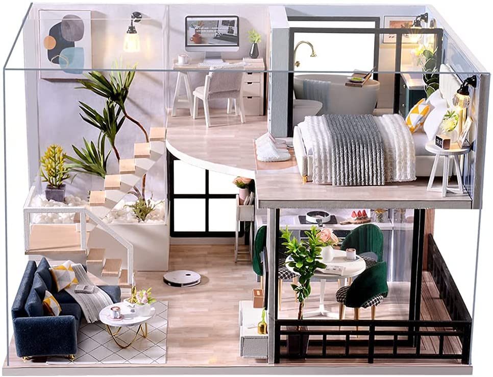 Dollhouse Miniature with Furniture Kit Plus Dust Proof and Music Movement - Cozy time (Valentine's Day Gift Idea)