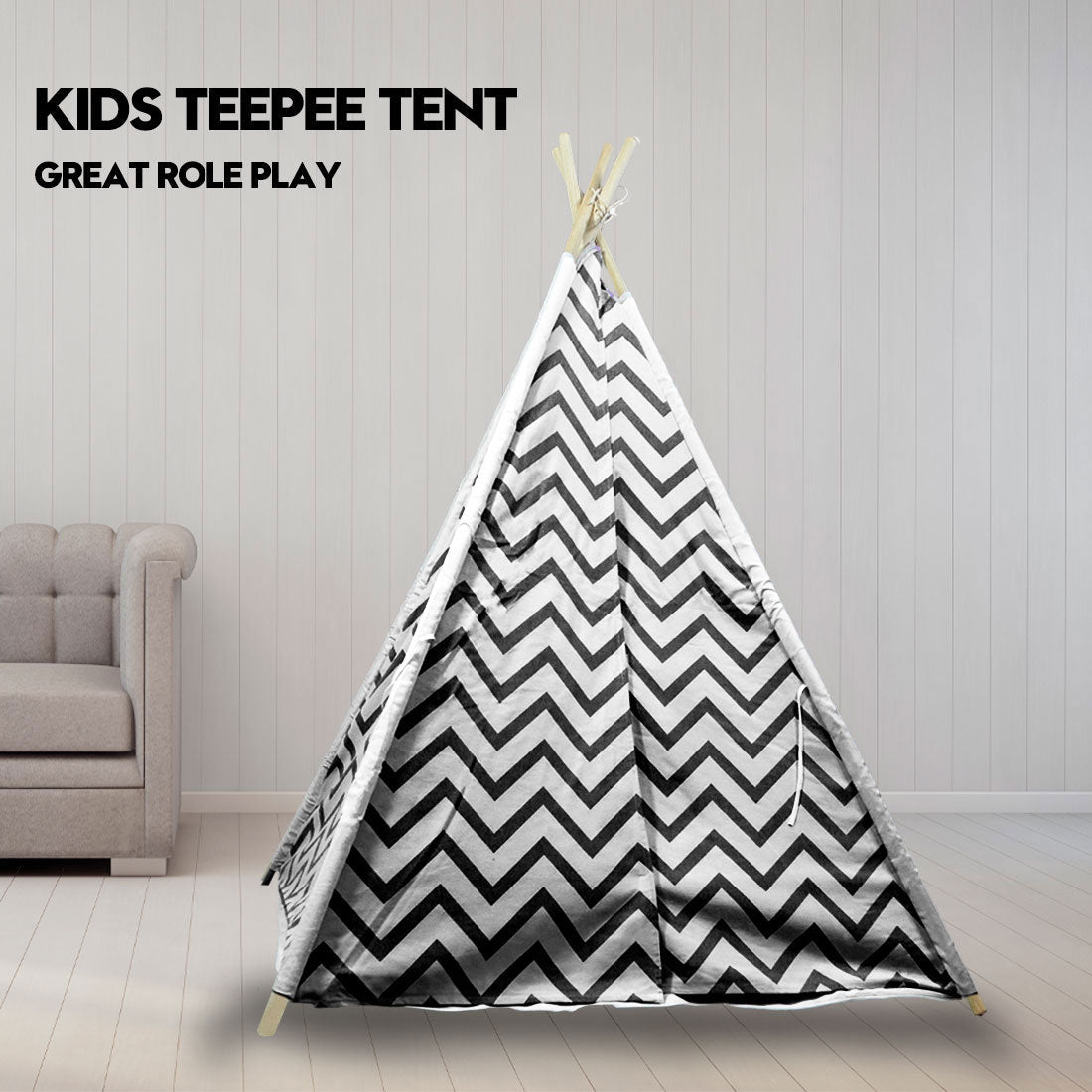 Black and white chevron kids teepee tent Australia set in living room for pretend play and cozy hideout