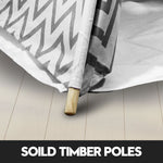kids teepee tent Australia grey chevron fabric close up showing solid timber poles on pale wooden floor