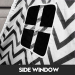 kids teepee tent Australia chevron fabric side window with roll up flap and cross tie detail