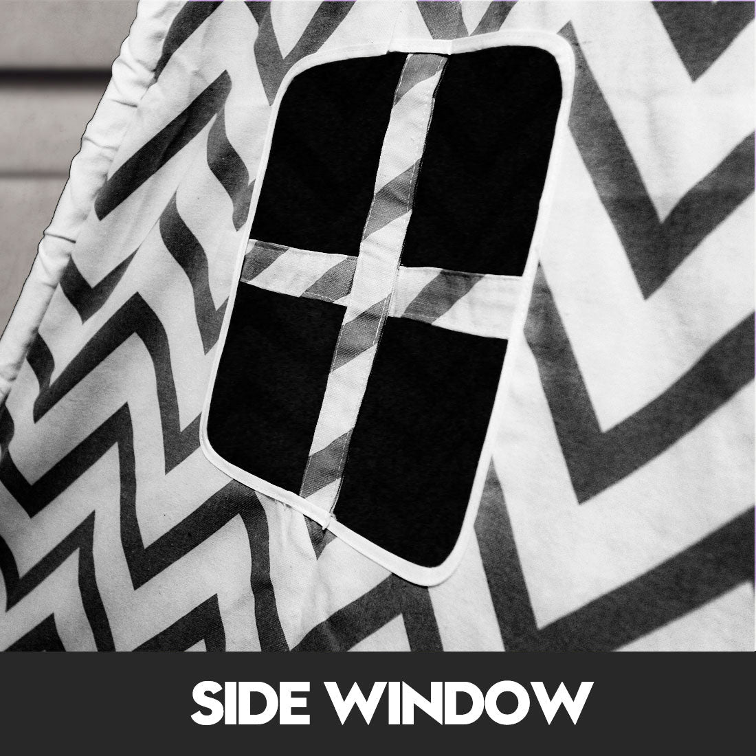 kids teepee tent Australia chevron fabric side window with roll up flap and cross tie detail