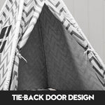 kids teepee tent Australia grey chevron fabric close up showing tie back door design for pretend play