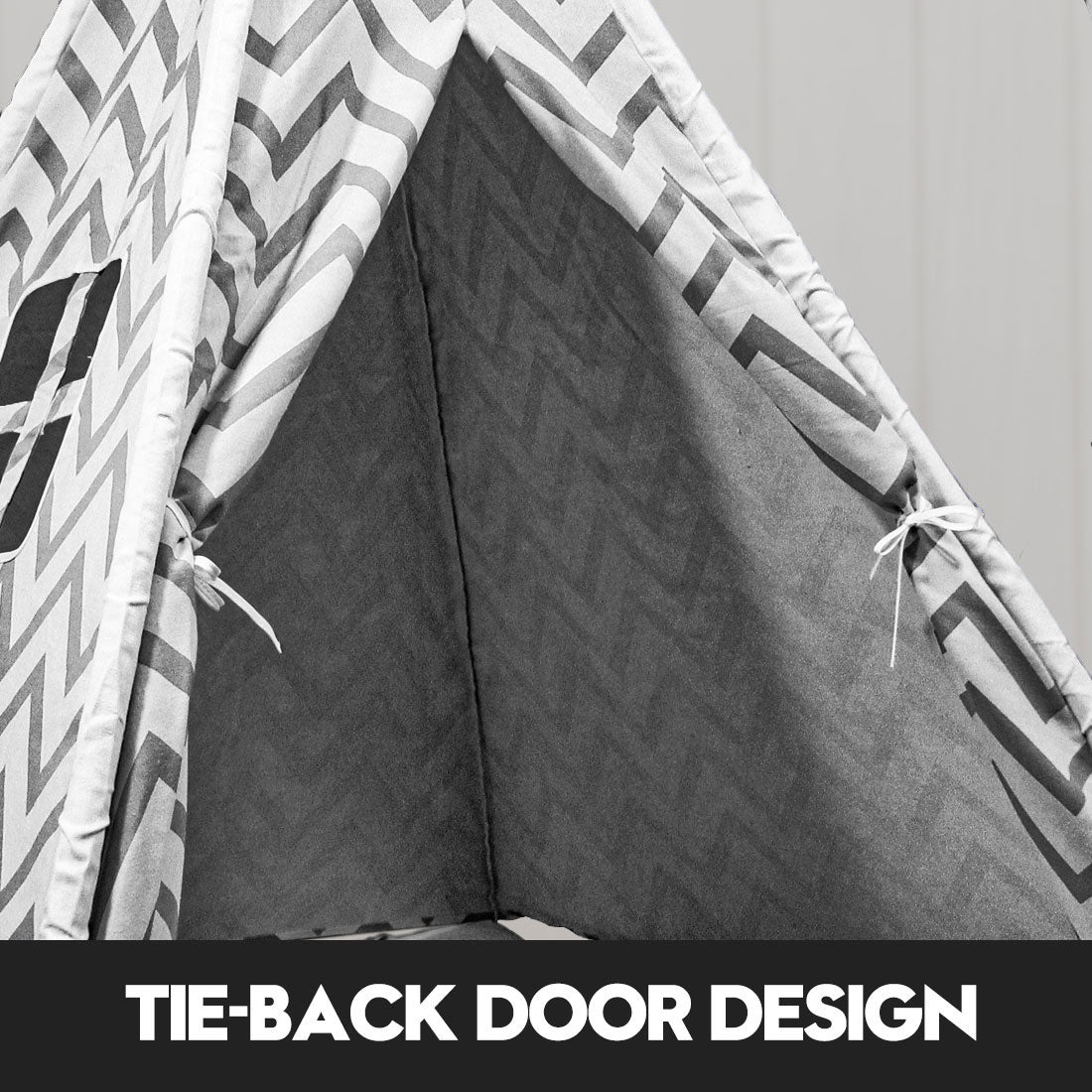 kids teepee tent Australia grey chevron fabric close up showing tie back door design for pretend play