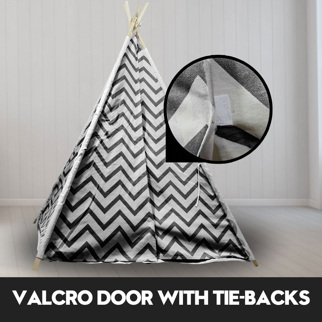 Gray chevron kids teepee tent Australia with Velcro door and tie backs for indoor pretend play
