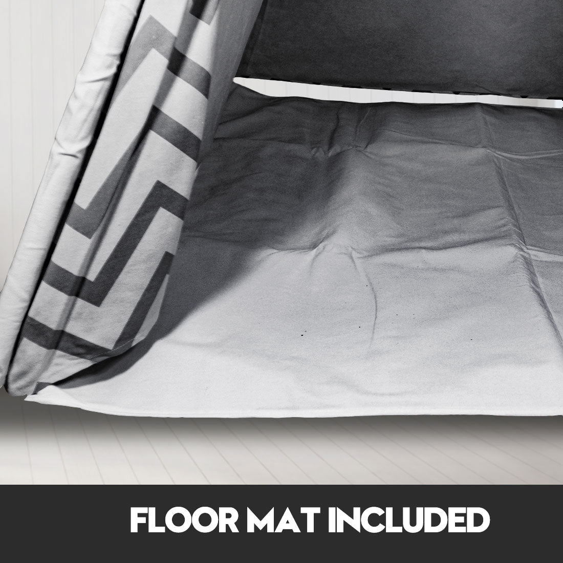 kids teepee tent Australia interior view with included floor mat and grey chevron fabric
