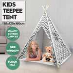 Girl in grey chevron kids teepee tent Australia with floor mat side window cotton canvas