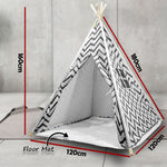Grey chevron kids teepee tent Australia with wooden poles floor mat and open doorway showing interior