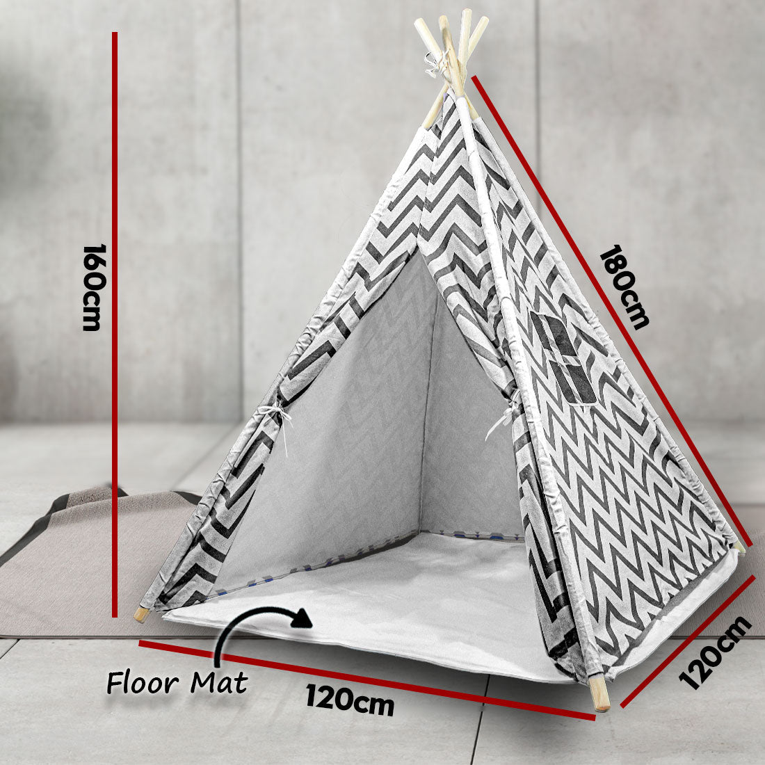 Grey chevron kids teepee tent Australia with wooden poles floor mat and open doorway showing interior