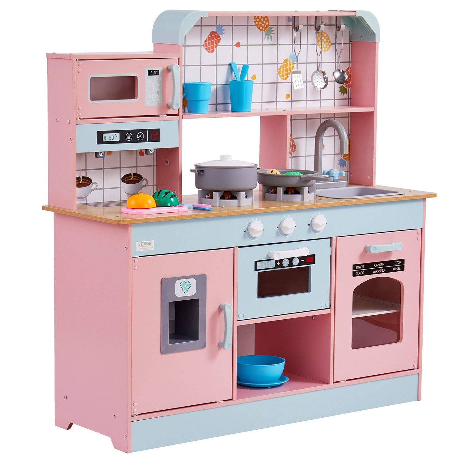 Pastel pink and blue wooden kids kitchen playset Australia with oven sink stove and cooking accessories