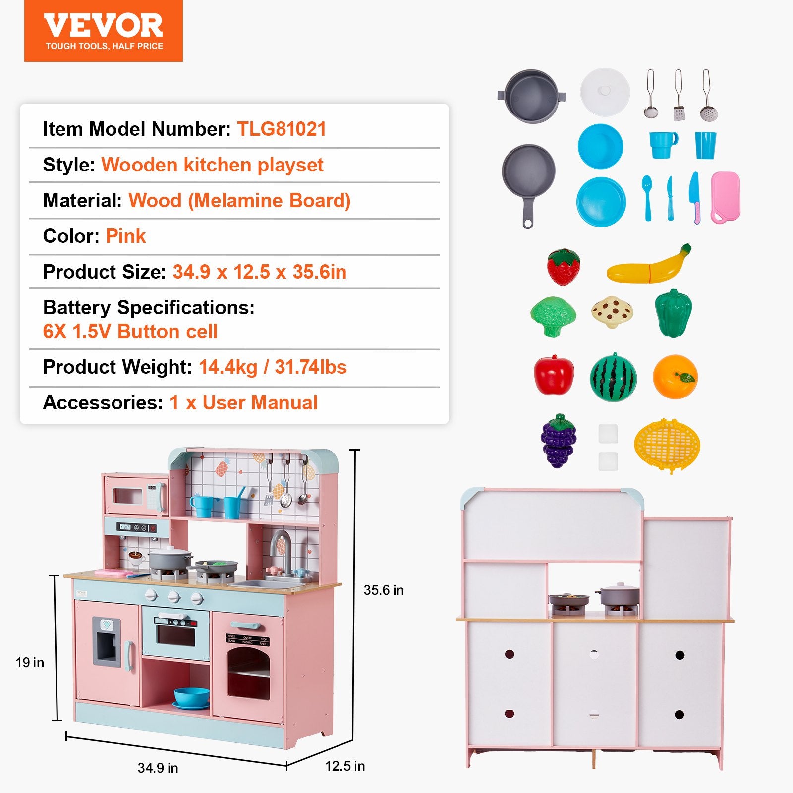 ToyChest au pink wooden kids kitchen playset Australia with stove sink utensils play food and storage cabinets