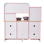 ToyChest AU pink and white kids kitchen playset Australia with wooden countertop stove pots and storage cabinets