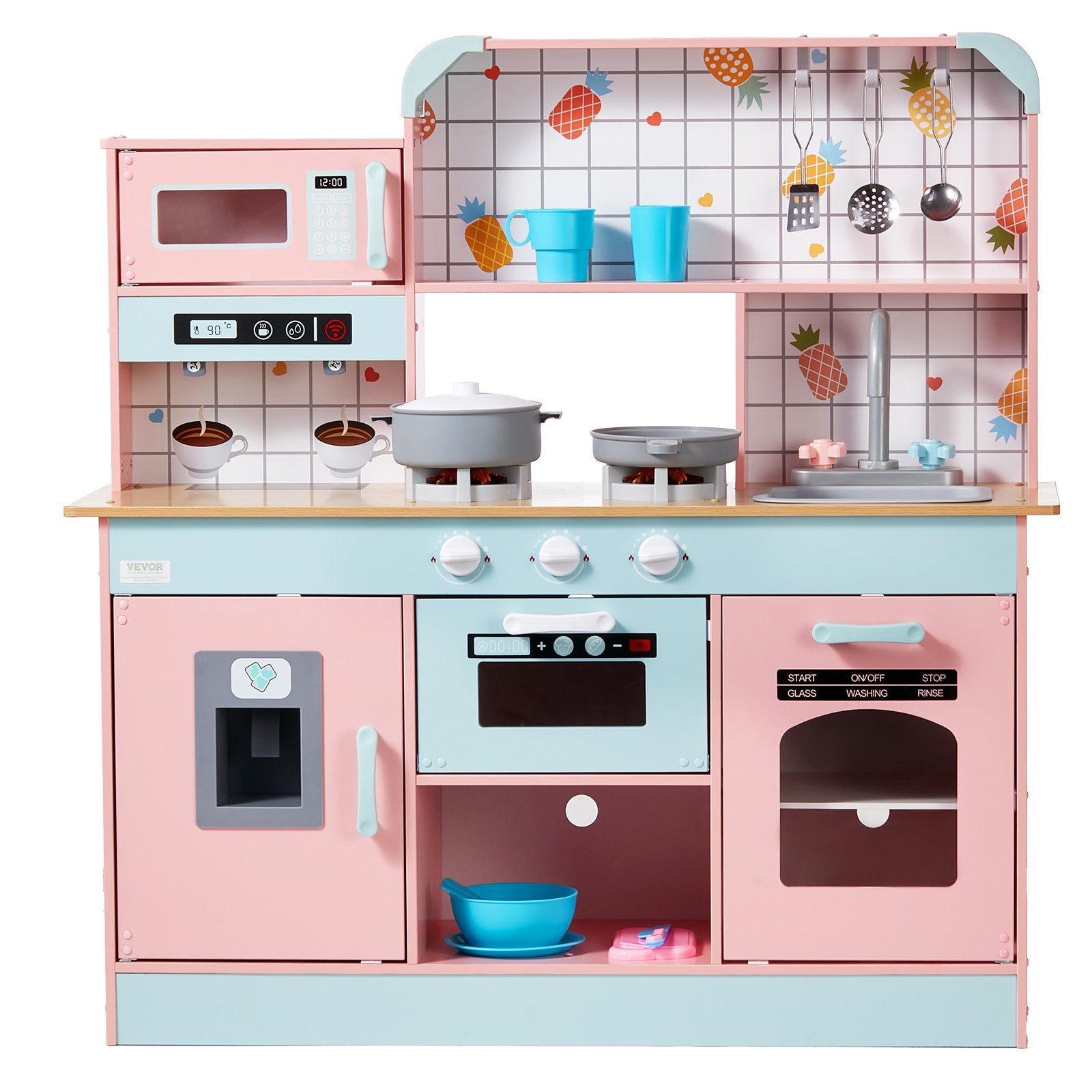ToyChest au pastel pink and blue wooden kids kitchen playset Australia with oven stove sink microwave accessories