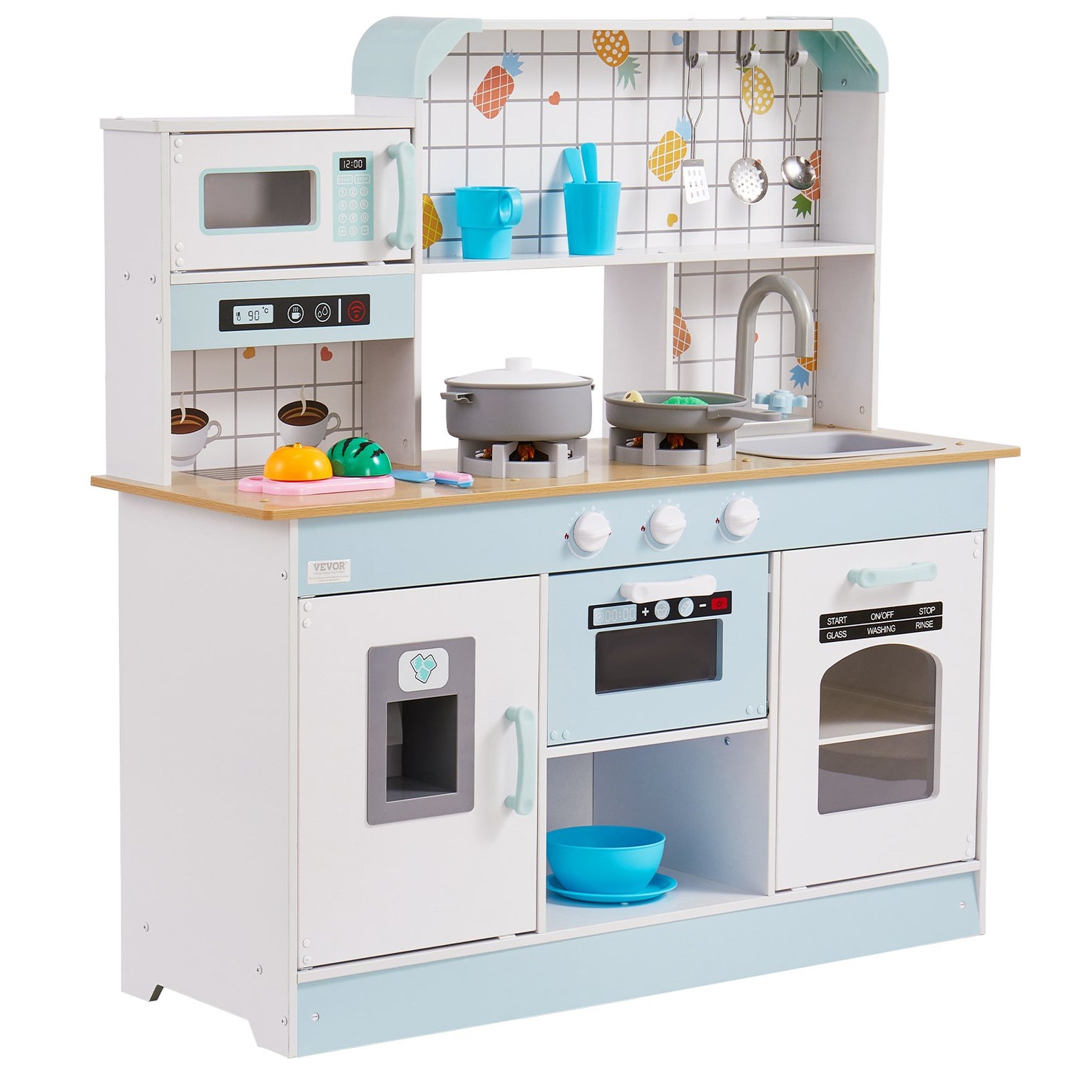 ToyChest au pastel blue and white wooden kids kitchen playset Australia with microwave stove oven sink and accessories