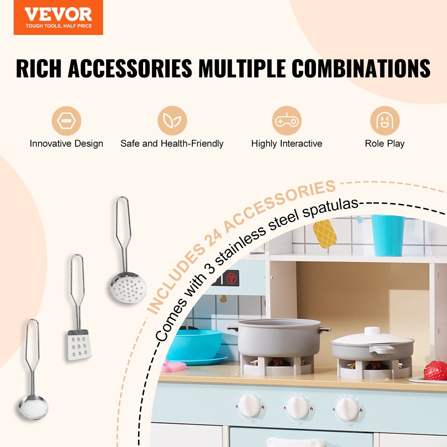 ToyChest au Vevor kids kitchen playset Australia with wooden stove countertop pots pans and stainless spatulas