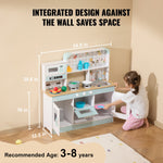 Pastel wooden kids kitchen playset Australia mounted against wall space saving with child playing