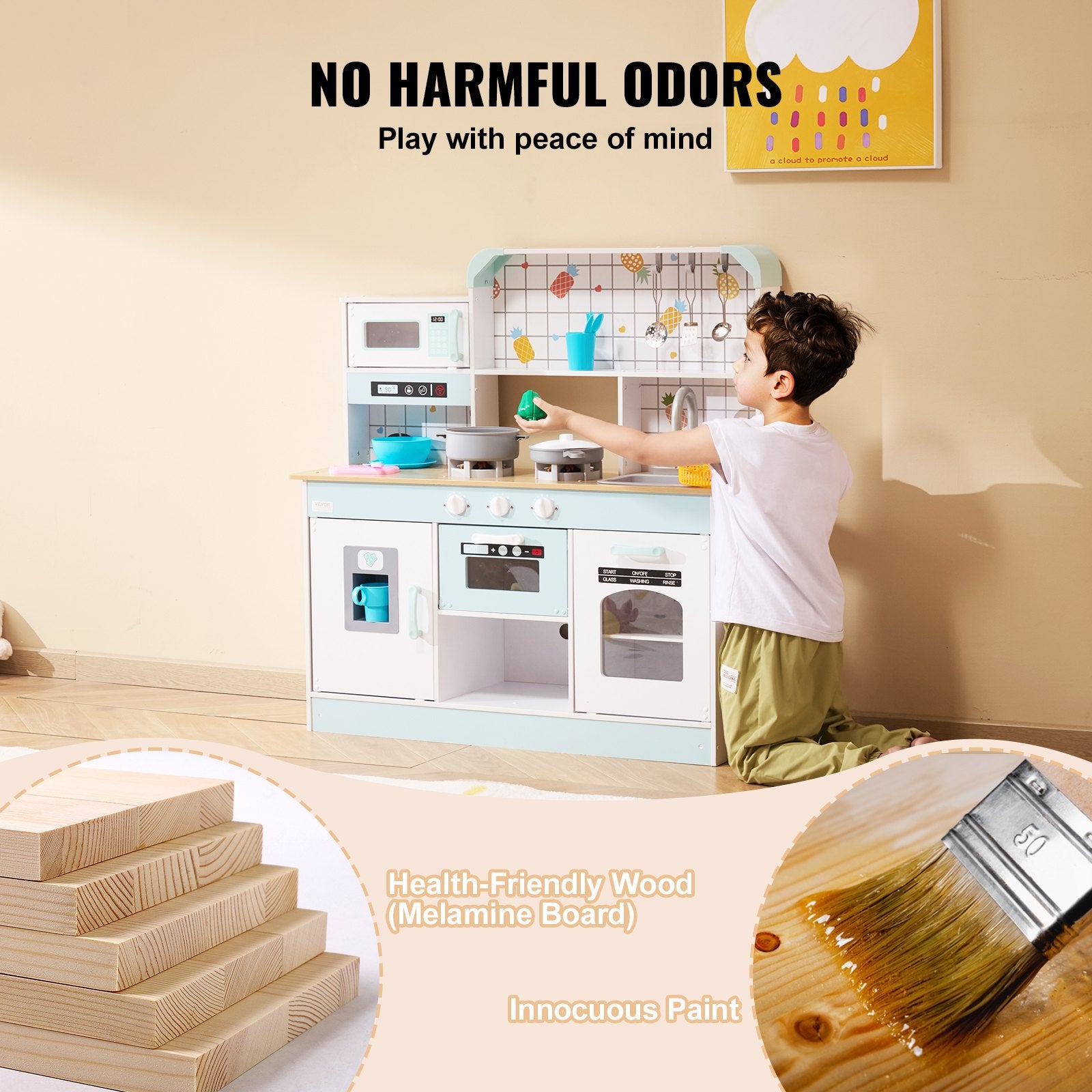 Pastel wooden kids kitchen playset Australia with stove sink knobs utensils and child playing