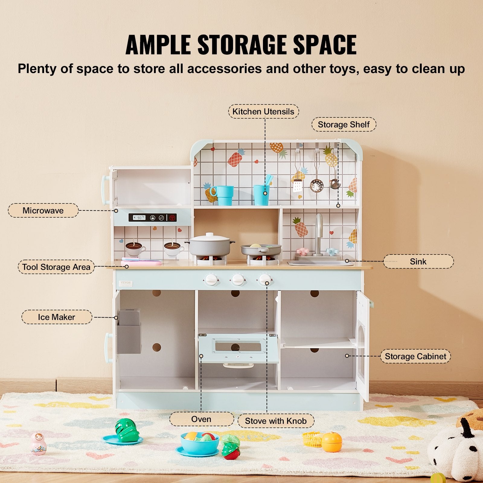 ToyChest au wooden kids kitchen playset Australia pastel mint play kitchen with stove oven sink storage shelves