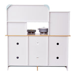 White wooden kids kitchen playset Australia with toy stove pots open shelves and storage cabinets