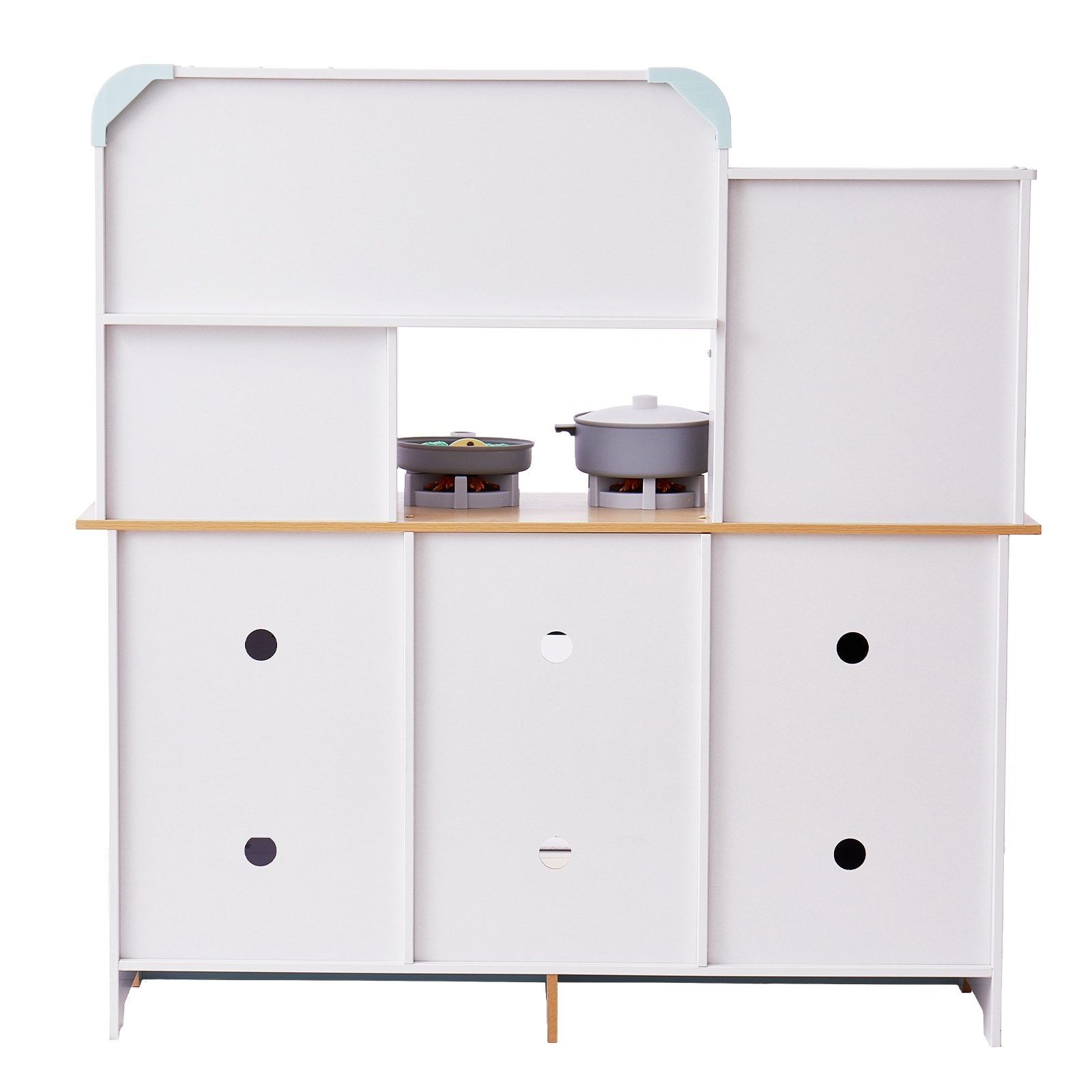 White wooden kids kitchen playset Australia with toy stove pots open shelves and storage cabinets
