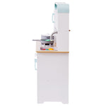 Side view of white wooden kids kitchen playset Australia with mint accents sink stove pans and toy food