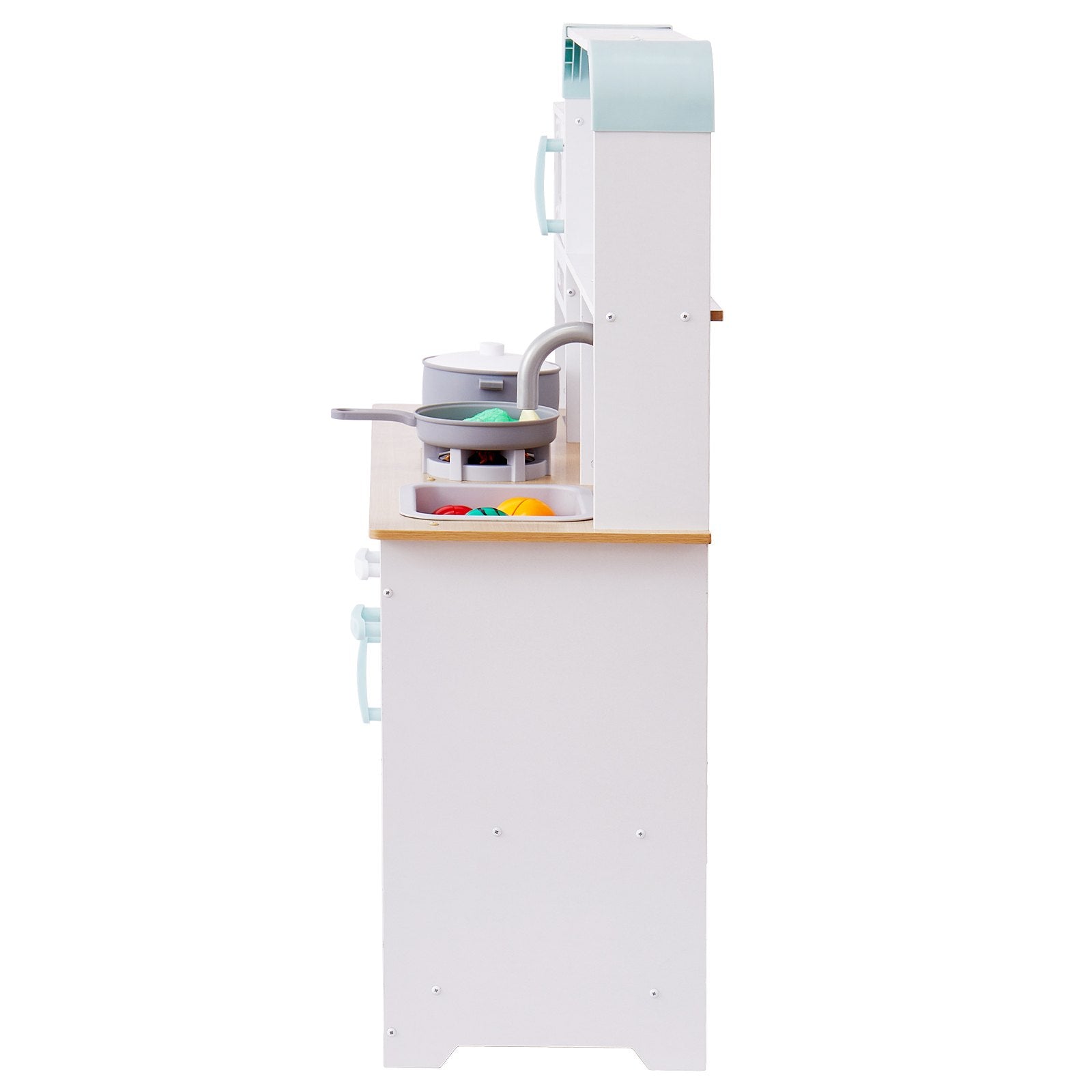Side view of white wooden kids kitchen playset Australia with mint accents sink stove pans and toy food