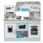 Pastel blue and white wooden kids kitchen playset Australia with microwave oven stove sink pots and cups for pretend play