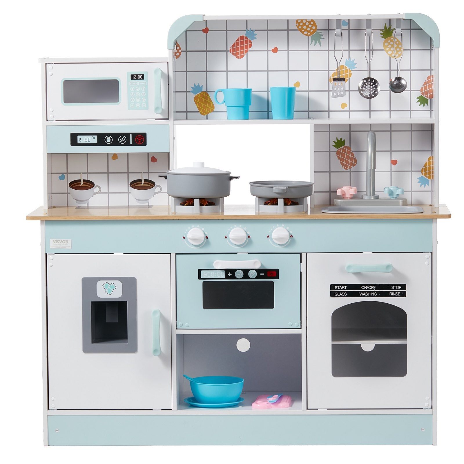 Pastel blue and white wooden kids kitchen playset Australia with microwave oven stove sink pots and cups for pretend play