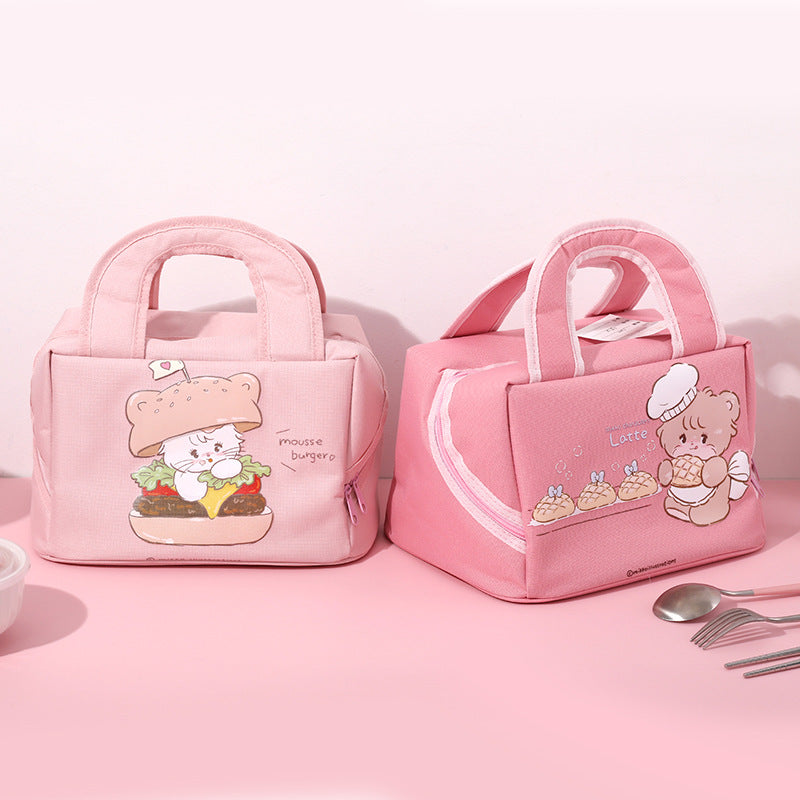 Blue Cute Cartoon Lunch Bag - Large Capacity Insulated Handbag for Students and Office Use