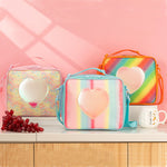 Orange Sparkling Rainbow Heart Insulated Lunch Bag for Kids - Portable School Lunch Box with Shoulder Strap